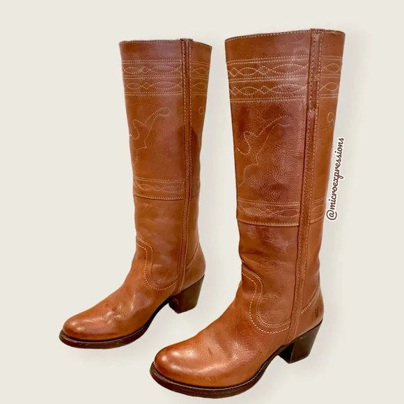 1970 Frye VINTAGE RARE Deer/Moose Cognac Leather Campus Knee High Tall Heel Boot - Picture 12 of 13